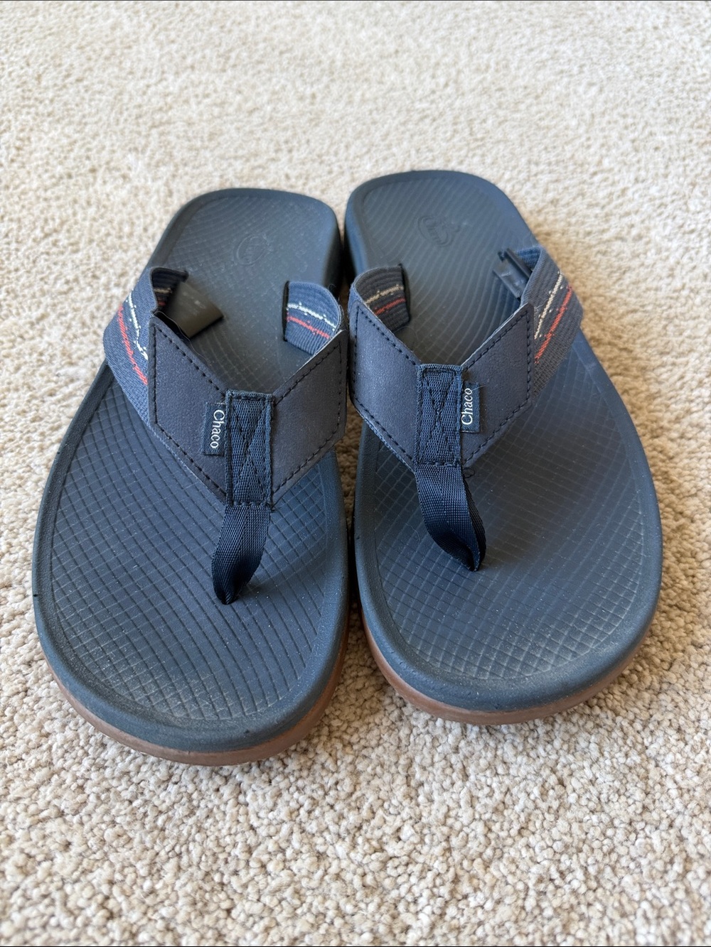 Chaco Men's Blue and Brown Flip-Flop Sandals with Subtle Red Accent